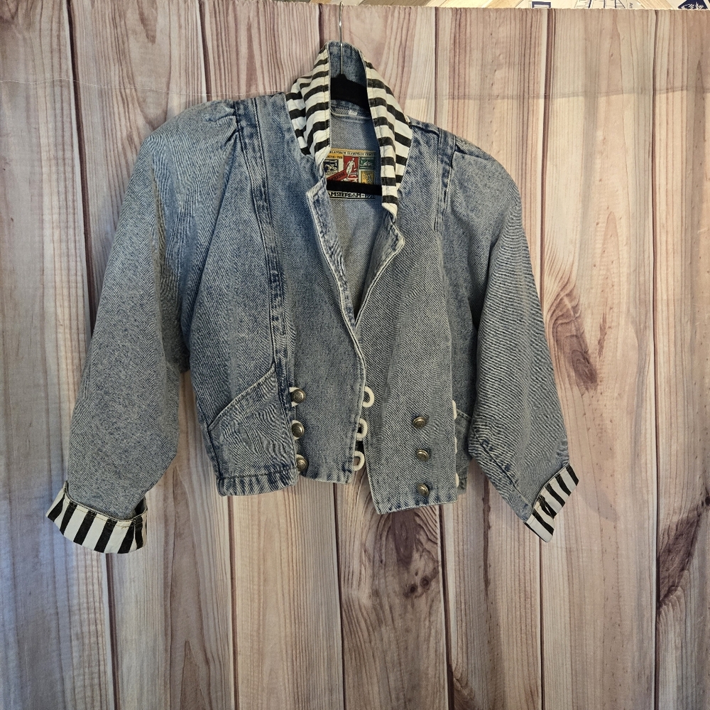 Vintage Cropped Puffed Sleeve Denium Jacket With Strip Accents